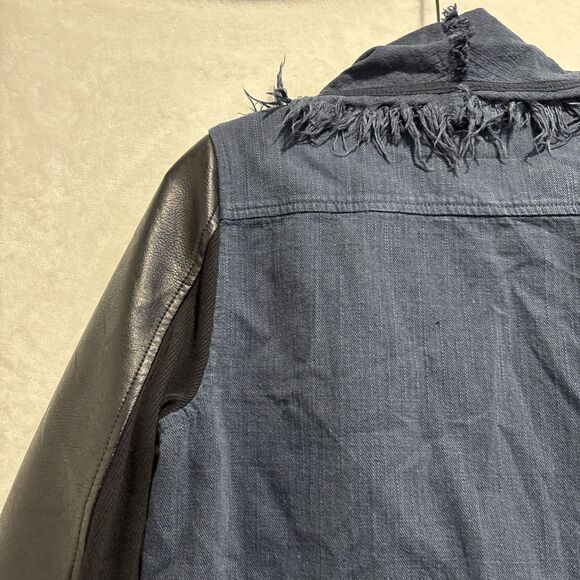 BlankNYC Drape Front Mixed Media Denim Vegan Leather Fringe Jacket Size Medium - Picture 7 of 15